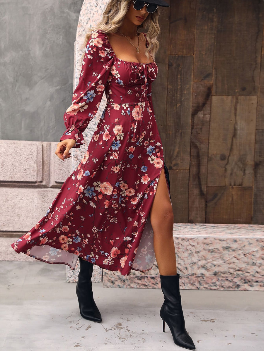 Vestido Midi Floral Manga Princesa Fenda Boho