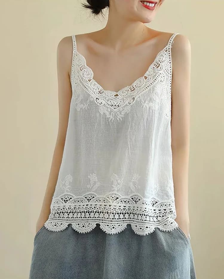 Blusa com Renda Bordada Boho Chic Alcinha algodão branca