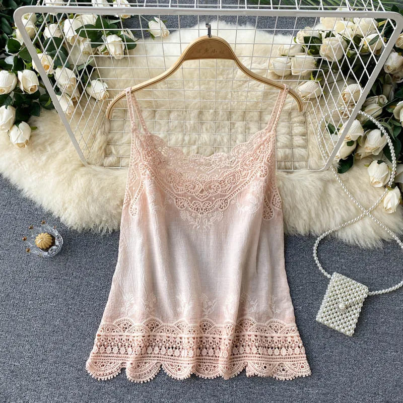 Blusa com Renda Bordada Boho Chic Alcinha algodão rosa claro