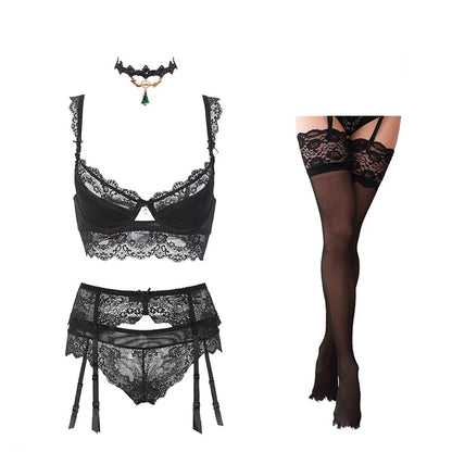 Conjunto Lingerie de Renda com Cinta-Liga + Meia 7/8