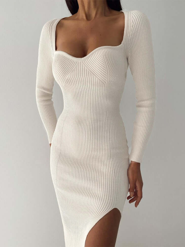 elegante Vestido de festa Tubinho Midi Inverno Tricô Decotado Fenda branco 