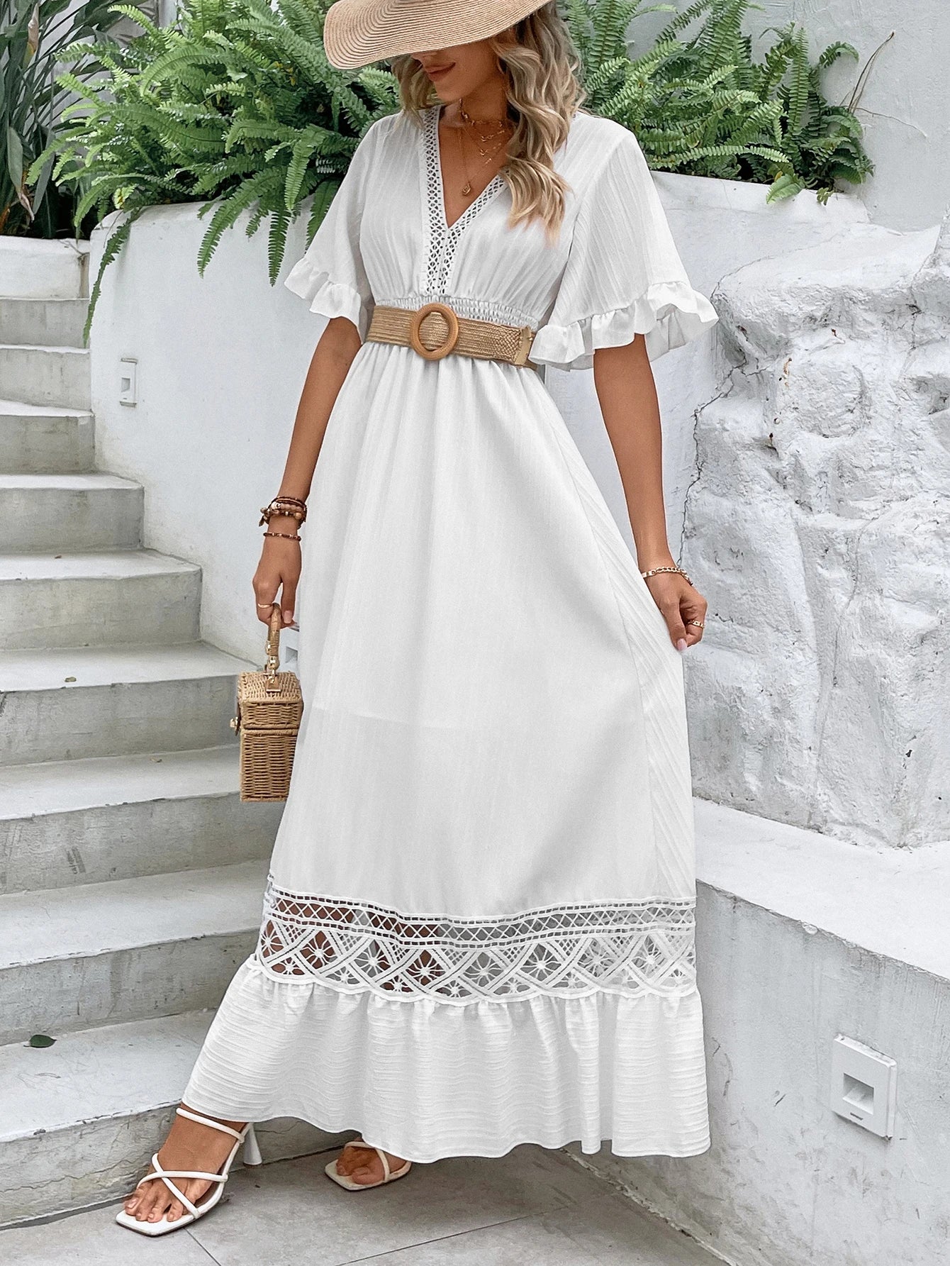 Vestido Longo Branco c/Renda Boho Manga Curta