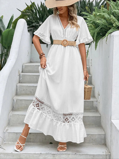 Vestido Longo Branco c/Renda Boho Manga Curta