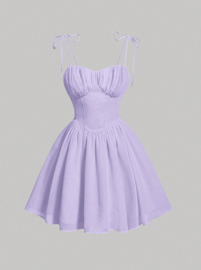 Vestido Curto Corset Acinturado Alcinha Rodado Busto Franzido Verão Lilás Lavanda Roxo