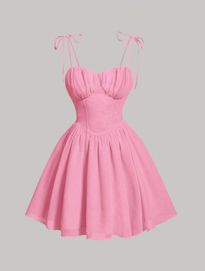 Vestido Curto Corset Acinturado Alcinha Rodado Busto Franzido Verão Rosa Bebê