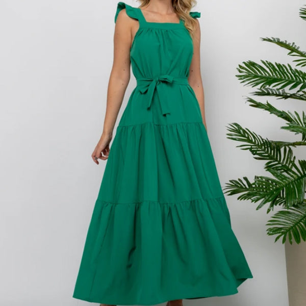 Vestido Longo Rodado Alça de Babados Faixa com Laço Verde Água