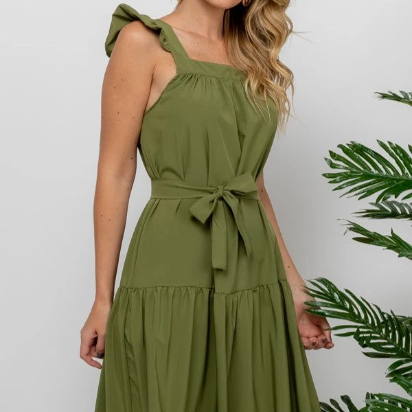 Vestido Longo Rodado Alça de Babados Faixa com Laço Verde Musgo