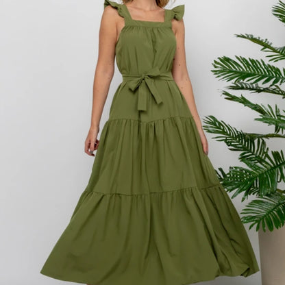 Vestido Longo Rodado Alça de Babados Faixa com Laço Verde Musgo