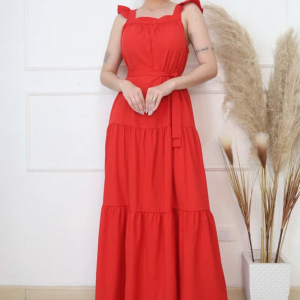 Vestido Longo Rodado Alça de Babados Faixa com Laço Vermelho