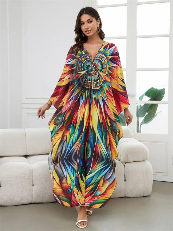 Vestido Longo Estampa Vibrante Mandala Túnica boho chic manga morcego plus size kaftan