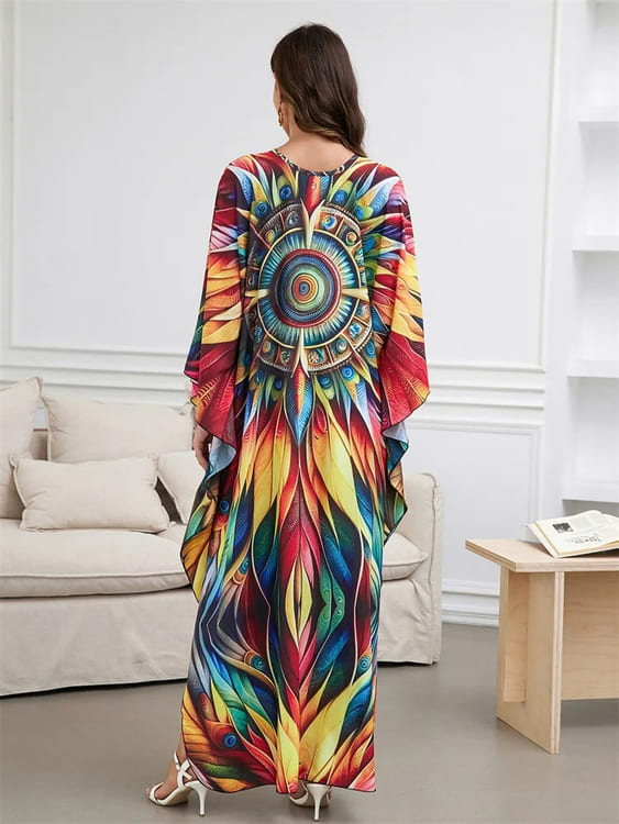 Vestido Longo Estampa Vibrante Mandala Túnica boho chic manga morcego plus size kaftan