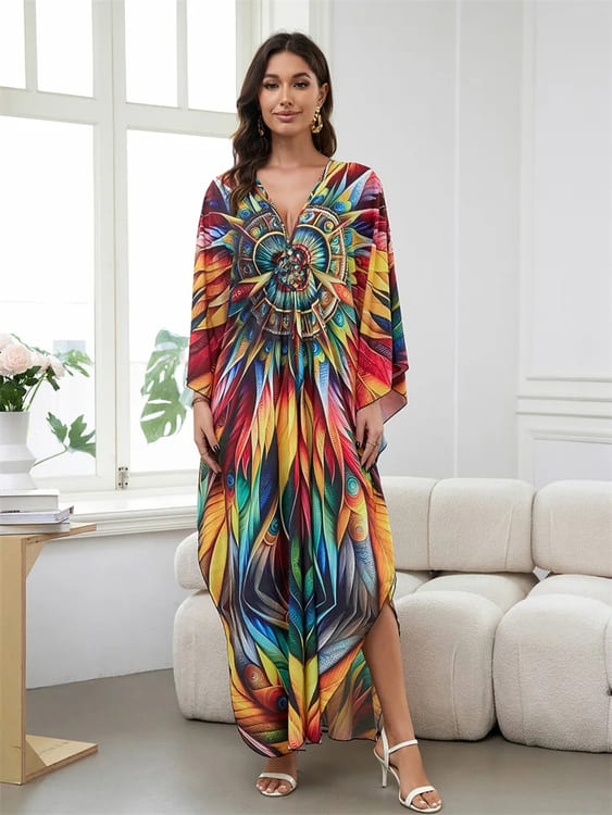 Vestido Longo Estampa Vibrante Mandala Túnica boho chic manga morcego plus size kaftan