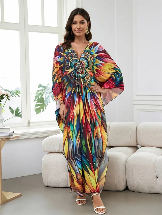 Vestido Longo Estampa Vibrante Mandala Túnica boho chic manga morcego plus size kaftan