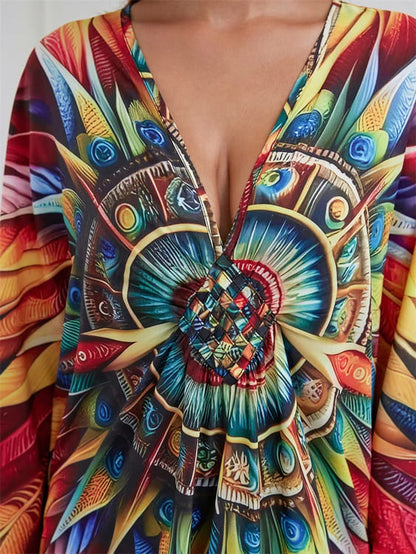 Vestido Longo Estampa Vibrante Mandala Túnica boho chic manga morcego plus size kaftan decote em v