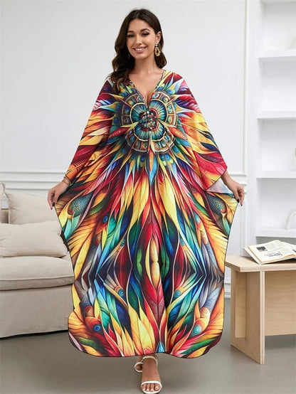 Vestido Longo Estampa Vibrante Mandala Túnica boho chic manga morcego plus size kaftan