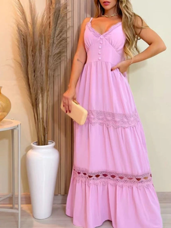 Vestido Longo com Renda Acinturado com Bojo Bainha com Babado e Franzido Rosa Bebê