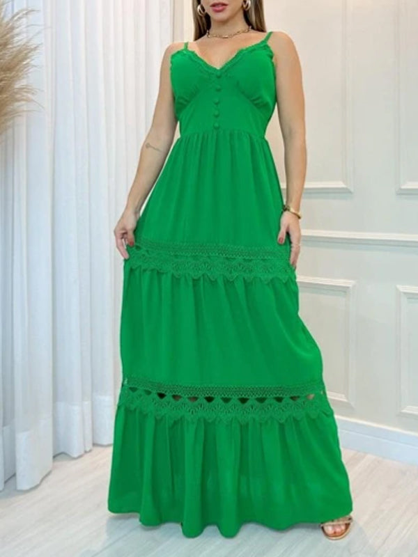 Vestido Longo com Renda Acinturado com Bojo Bainha com Babado e Franzido Verde