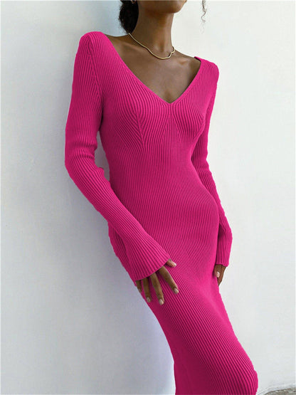 Vestido Tubinho Rosa Barbiecore Tricot Decote V Midi Inverno