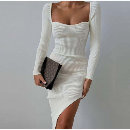 elegante Vestido de festa Tubinho Midi Inverno Tricô Decotado Fenda branco 