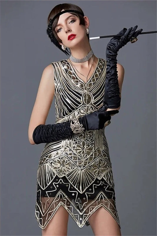 Vestido de Festa Vintage Gatsby Paetês anos 1920 brilhoso dourado com preto