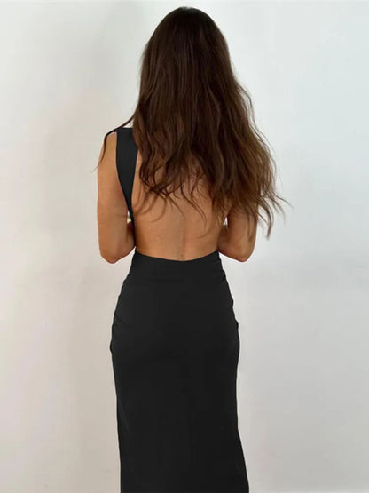 Vestido Longo Nozinho Costas Nuas Decote Profundo preto saída de praia