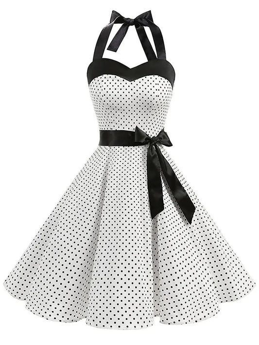 Vestido retrô Pin Up Midi Bolinha Rodado Alça vintage laço branco