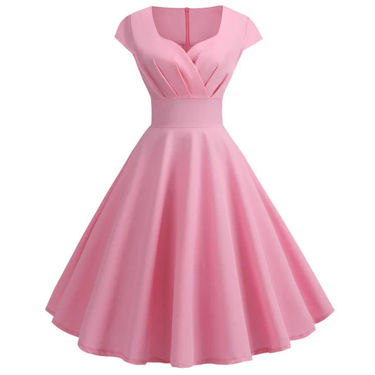 Vestido vintage Midi Retrô Audrey Manga Curta rosa claro rodado 