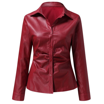 camisa de couro vermelho vinho decote v manga longa blazer look inverno