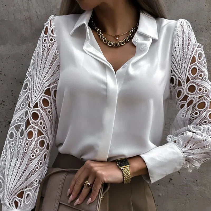 Camisa de Cetim Manga de Renda branco feminina