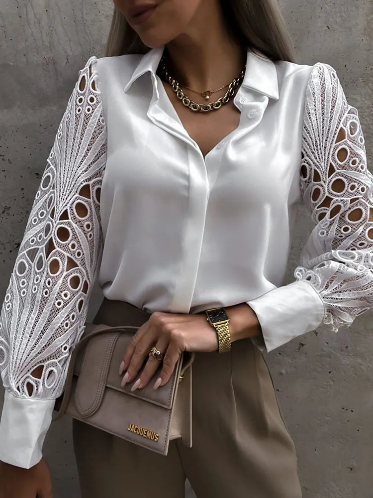 Camisa de Cetim Manga de Renda look office branca feminina