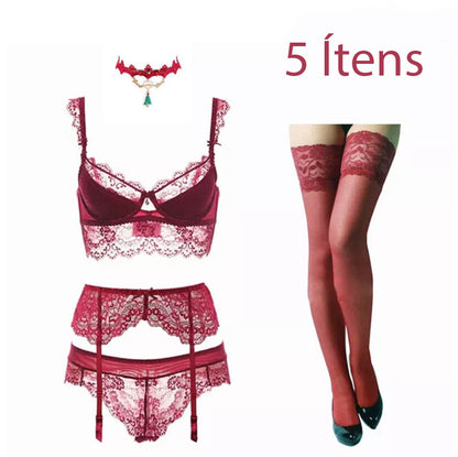 Conjunto Lingerie de Renda com Cinta-Liga + Meia 7/8