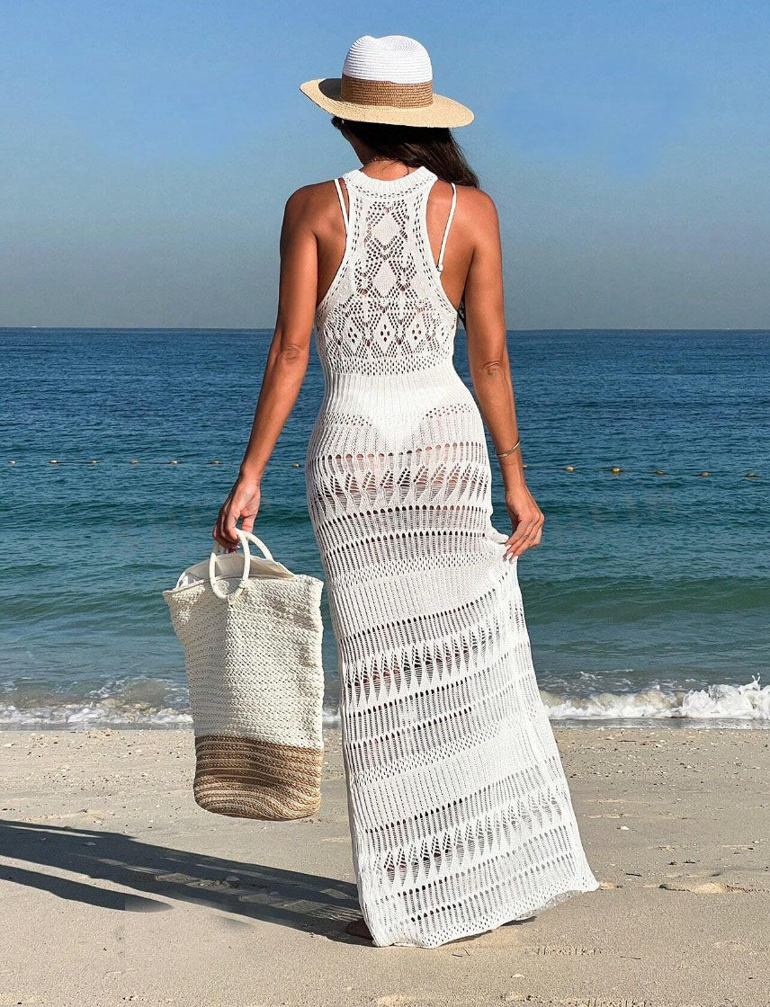 Vestido Longo de Renda Crochê Saída de Praia elegante sofisticada fenda branco sexy sensual 