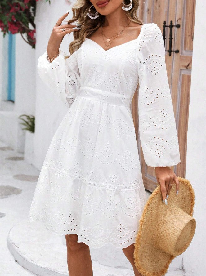 Vestido Curto Boho Chic Lese de Manga longa branco