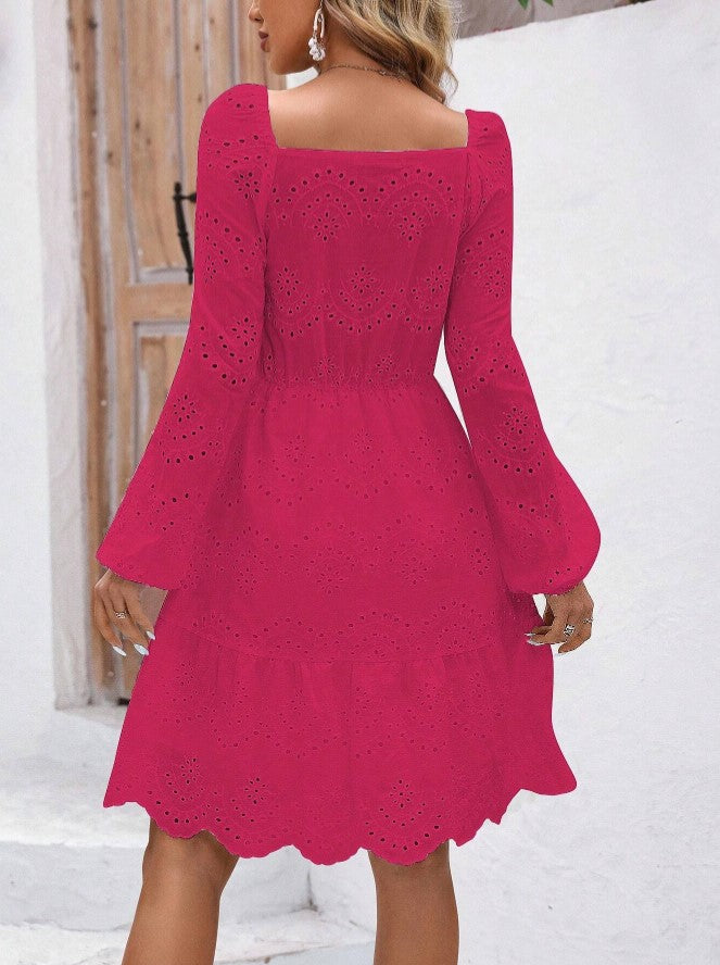 Vestido Curto Boho Chic Lese de Manga longa  rosa pink barbiecore