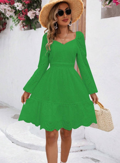 Vestido Curto Boho Chic Lese de Manga longa verde