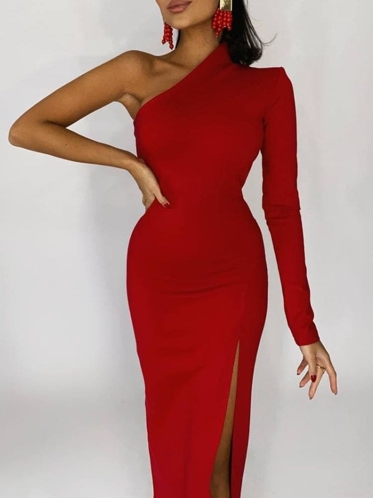 Vestido de festa Tubinho Fenda de Um Ombro Manga Longa vermelho liso