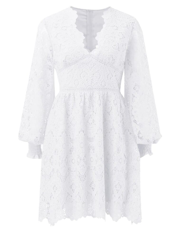 Vestido de Festa de Renda decote v mana transparente branco casamento civil
