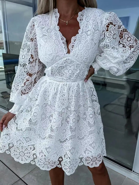 Vestido de Festa de Renda decote v mana transparente branco casamento civil