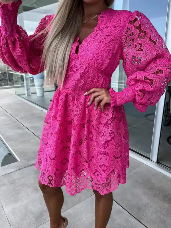 Vestido de Festa de Renda decote v mana transparente rosa barbiecore