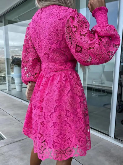 Vestido de Festa de Renda decote v mana transparente rosa barbiecore