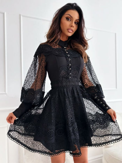 vestido de festa curto de renda manga transparências elegante preto gola alta