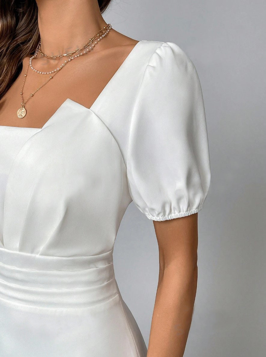 Vestido de Festa Retrô Midi Noivado branco manga curta acinturado casamento civil