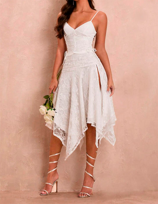 Vestido de Festa Renda c detalhes  Amarrações acinturado alcinha fendas sexy Midi ensaio pré-wedding casamento branco