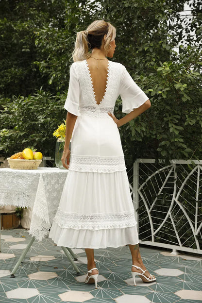 Vestido Boho Chic Midi Branco Rendas detalhes transparências festa casual