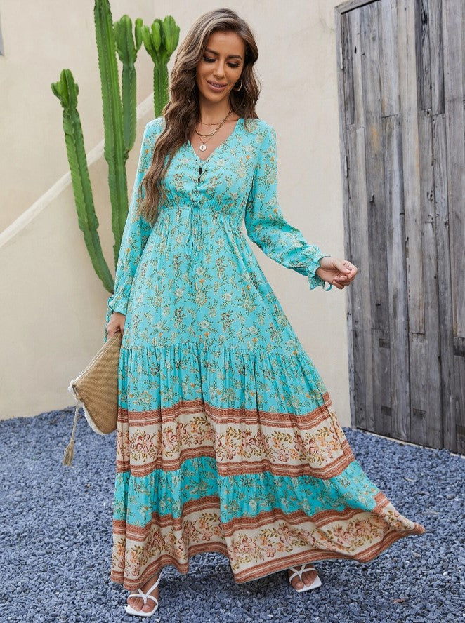 Vestido Longo Western Boho chic Manga Longa azul piscina