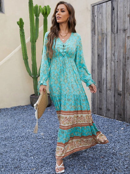 Vestido Longo Western Boho chic Manga Longa azul claro