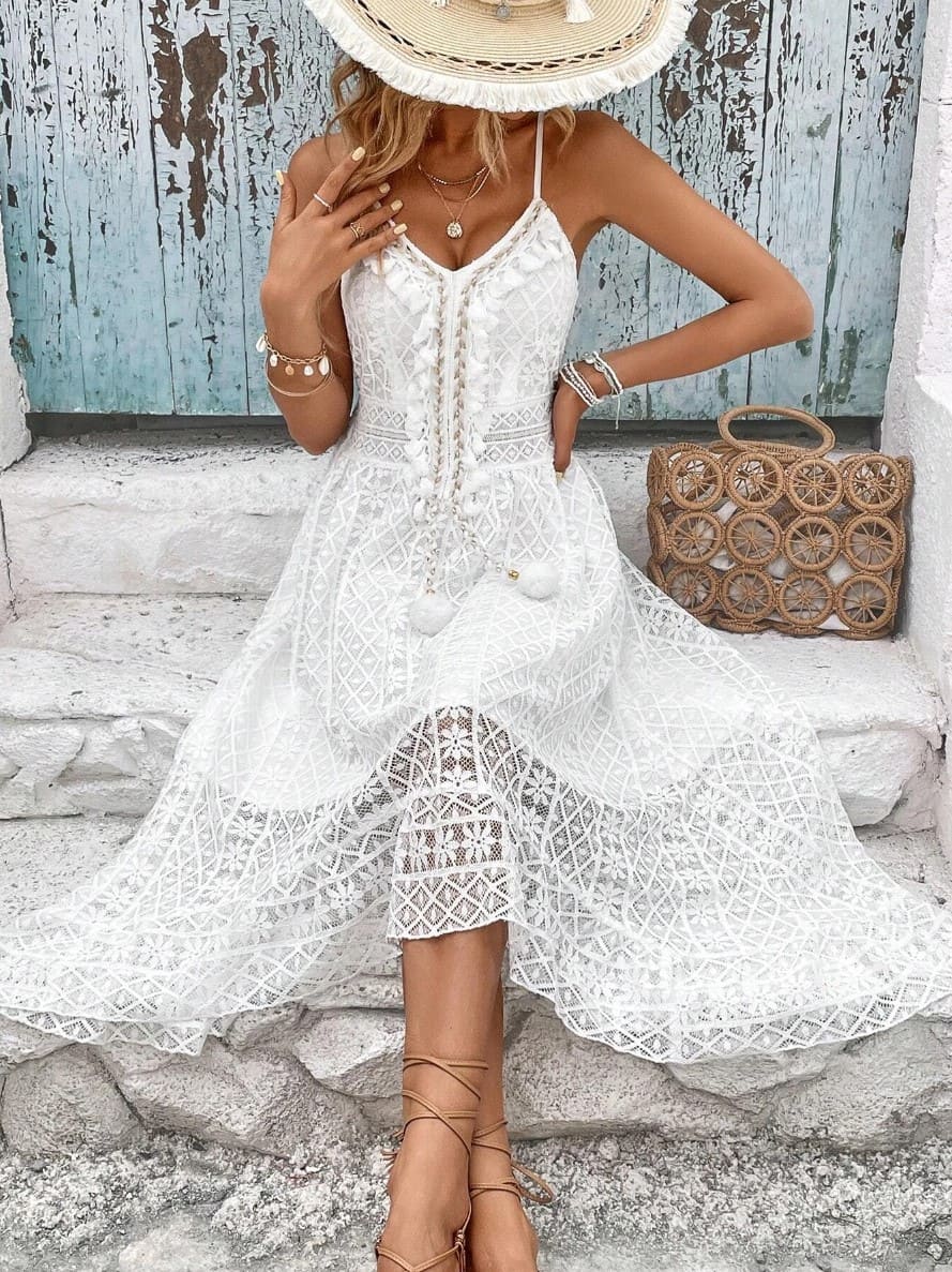 Vestido Longo Renda Boho Pompons Branco