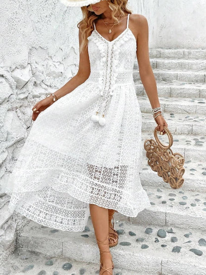 Vestido Longo Renda Boho Pompons Branco