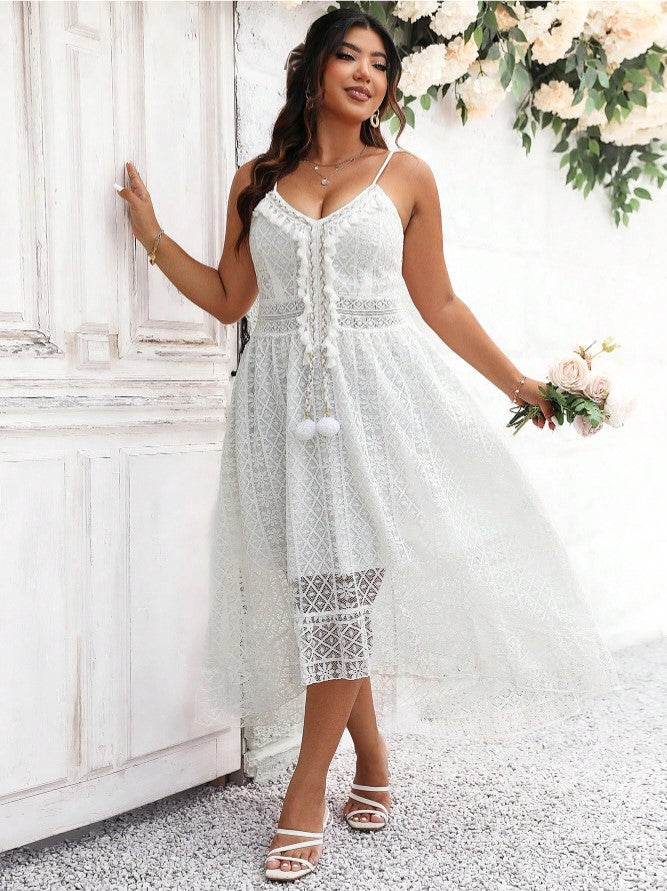 Vestido Longo Renda Boho Pompons Branco plus size casamento civil