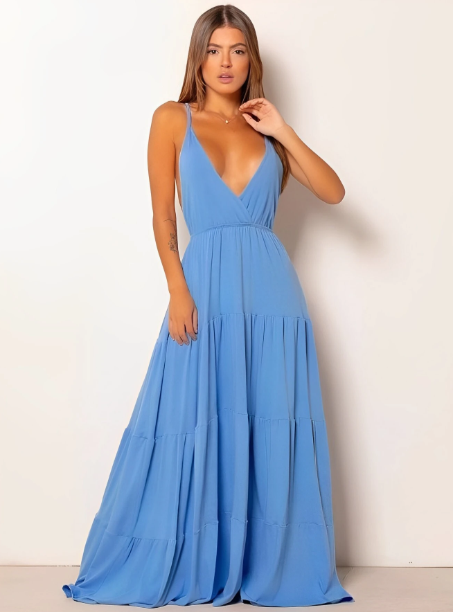 Vestido de Festa Longo Decote Profundo Alcinha verão casamento azul serenity madrinha